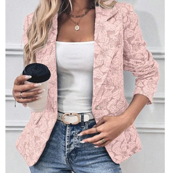 Classic Floral Textured Button Minimalist Blazer - Picture 6 of 10